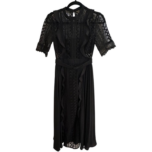 Self-Portrait Black Guipure Lace Pleated Midi Dress – Ruffle High Neck Belted 2 - Picture 2 of 12